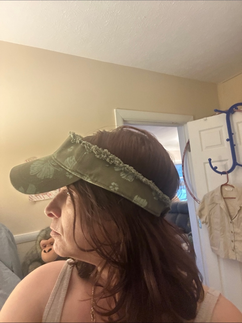 Women’s Olive Green Floral Visor with Frayed Trim